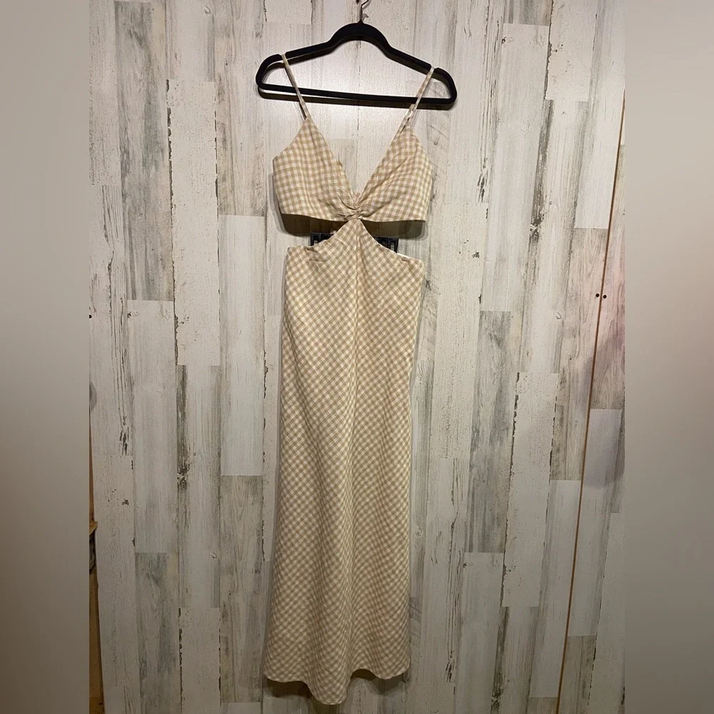 Abercrombie & Fitch Tan Gingham Linen Cotton Julia Slip Cutout Maxi Dress Medium